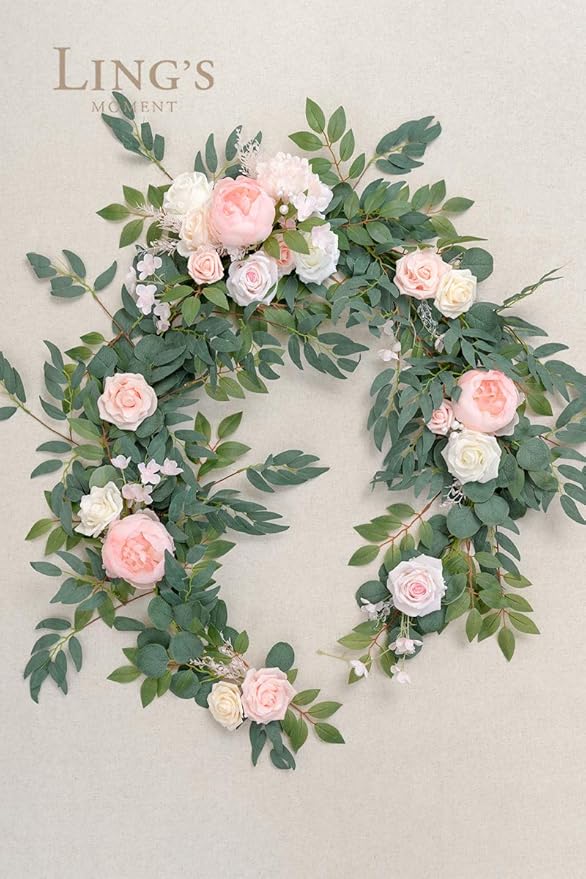 Artificial Flower Garland, 6 Ft Blush and Cream Eucalyptus Rose Runner