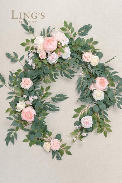 Artificial Flower Garland, 6 Ft Blush and Cream Eucalyptus Rose Runner