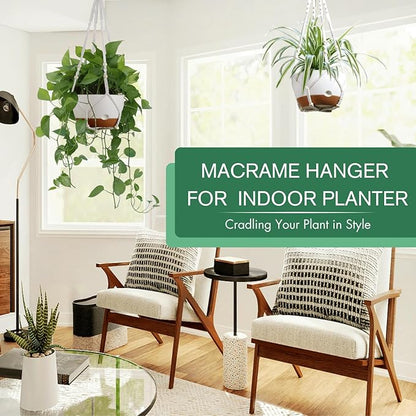 montresor Set of 2-8 Inch Hanging Planters for Indoor Plants with Self-Watering Includes Hanging Pots for Plants, Outdoor Plant Pot with Drainage, and 2 Types of Hanging Baskets Hangers (White)