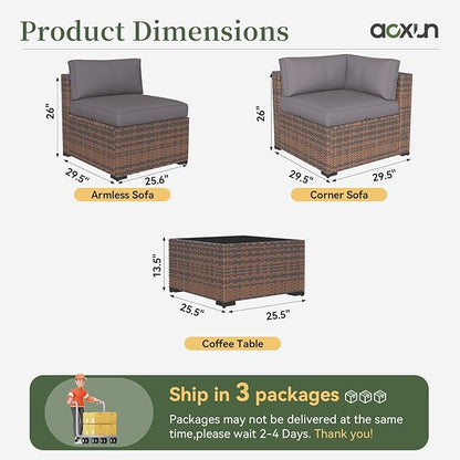 Aoxun 10 Piece Patio Furniture Set Wicker Rattan Patio Conversation Set Outdoor Sectional Sofa Set with Coffee Table and Thickened Cushions, Gray(Waterproof Cover Included)