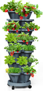 Strawberry Vertical Planter Tower Garden, 7 Tiered Stackable Planter Herb Garden Planter with Movable Casters and Bottom Saucer Indoor and Outdoor - Dark Grey