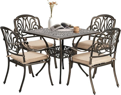 VINGLI 5-Piece Outdoor Patio Dining Set, Cast Aluminum All-Weather Outdoor Table and Chairs w/Cushion, Outdoor Furniture Set w/Umbrella Hole for Backyard Deck Poolside (Square, Elizabeth Back)