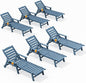 SERWALL Patio Chaise Lounge Chair Set of 6, 5 Positions Adjustable Poly Outdoor Lounger for Pool, HDPE Lounge Chair with Rolling Wheels & Cup Holder for Poolside, Deck, Blue