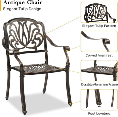 VINGLI 5 Pieces Outdoor Patio Dining Set, Cast Aluminium Patio Furniture Set with 4 Chairs and 1 Umbrella Table for Yard, Garden, Porch and Poolside, Bronze