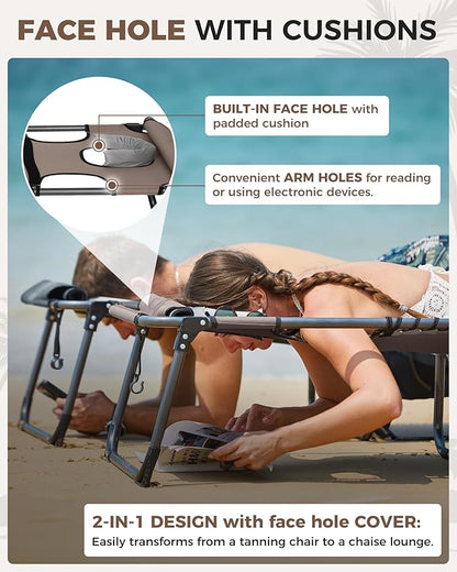 KingCamp Tanning Chair with Face Hole, Lounge Chairs Outdoor Folding Comfy Adjustable 5-Position Foldable Chaise Chaser with Canopy Shade for Outside Beach Patio Sun Bathing, Beige