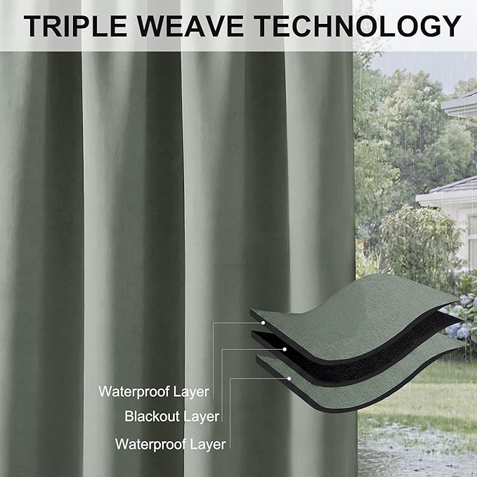 RYB HOME Outdoor Curtains for Patio Waterproof Block Sunlight Thermal Insulated Privacy Assured Thick Outside Curtains for Deck, Balcony, Pool, W52 x L63, Sea Green, 1 Panel
