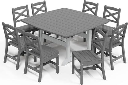 9-Piece Patio Dining Table Set, HDPE Outdoor Table and Chairs Set, All-Weather Outdoor Dining Set for 8 with Umbrella Hole, Durable Patio Furniture Set with Chairs,White Grey