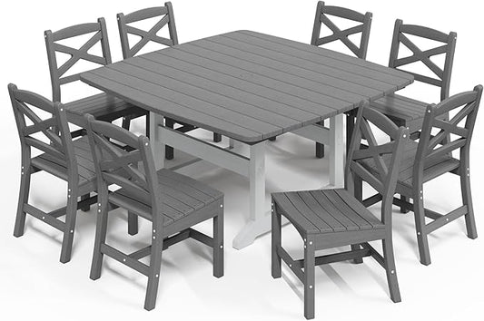 9-Piece Patio Dining Table Set, HDPE Outdoor Table and Chairs Set, All-Weather Outdoor Dining Set for 8 with Umbrella Hole, Durable Patio Furniture Set with Chairs,White Grey