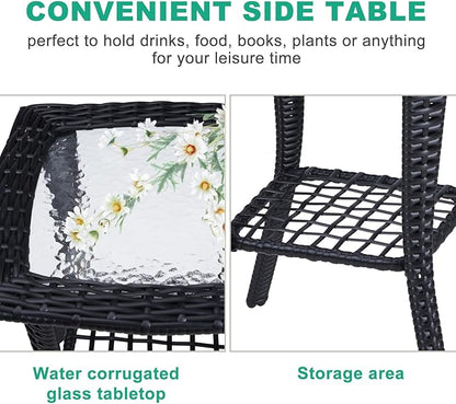 VINGLI Outdoor Side Table with Storage Wicker Patio Side Table, Tempered Glass Top End Table for Balcony Porch Deck (Black)