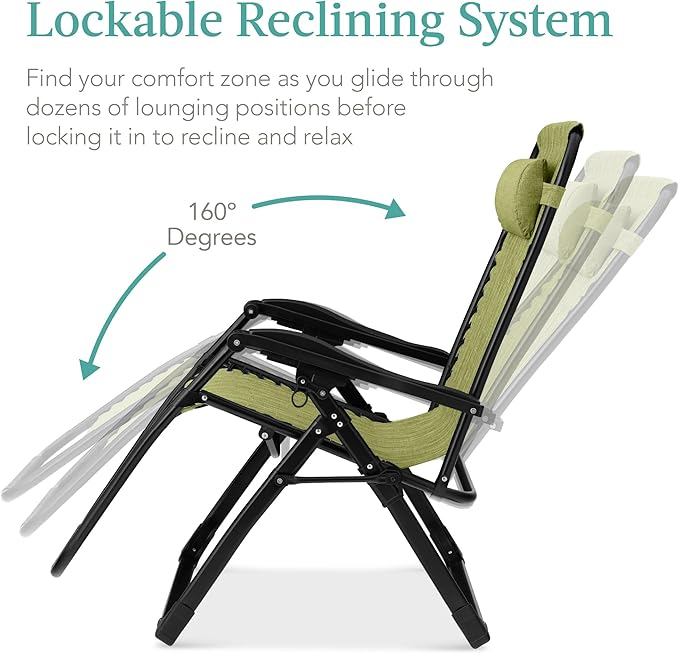Recliner Chair, Oversized Folding Zero Gravity Patio Lounger, Green