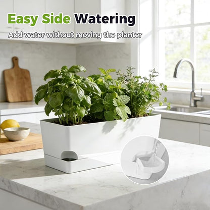 4 Pack Self Watering Pots for Indoor Plants 17 Inches Window Boxes Planters Rectangular Flower Pots Rectangle Herb Pots Large Plant Pots with Drainage Holes and Saucers Windowsill Planter, White