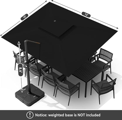 10 X 13 FT Cantilever Outdoor Patio Umbrella with Base Included Large Heavy Duty 360° Rotation Double Top Offset Rectangular Umbrellas with Led Lights for Backyard Outside Deck, Black