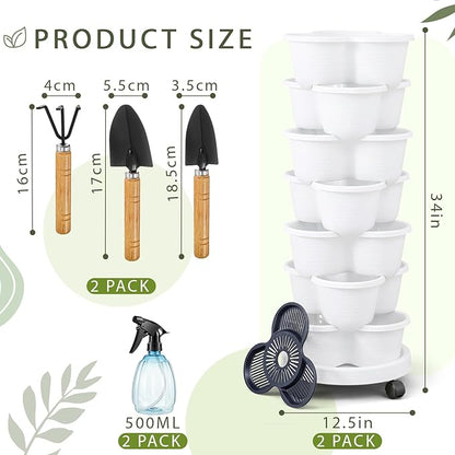 Umigy 2 Set White 7 Tier Stackable Vertical Planters with Removable Wheels and Tools Tower Planters Strawberry Herb Flower Vegetable Pots Indoor Outdoor Gardening Pots