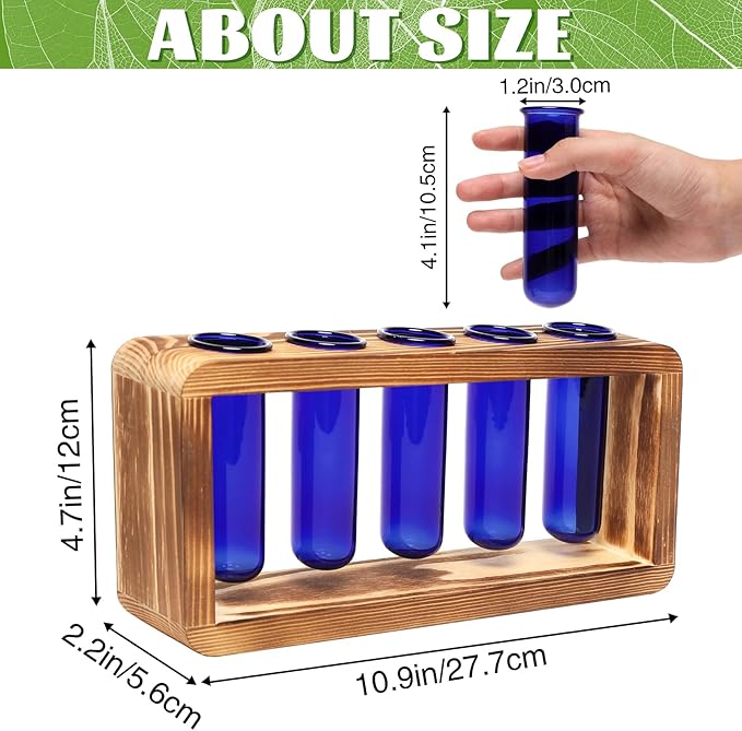 Terrarium Propagation Station with 5 Blue Glass Test Tubes, Pine Base
