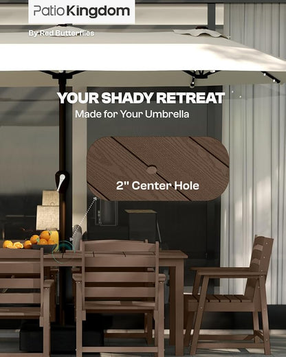 9-Piece Brown Outdoor Dining Set with White 15FT Large Patio Umbrella, 75.2'' HDPE Table & Chairs for 8, Weather-Resistant Furniture with Umbrella Hole for Patio, Lawn, Poolside