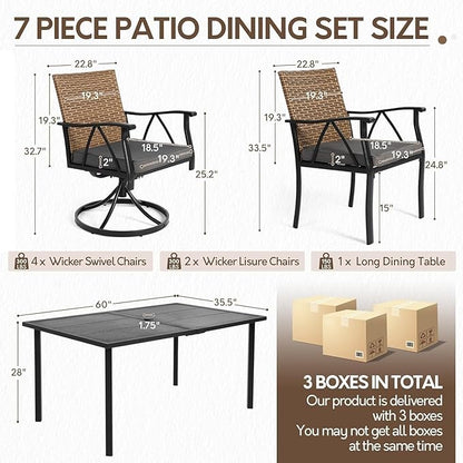 7-Piece Patio Dining Set for 6, Outdoor Dining Set with Wicker Swivel Patio Dining Chairs with Cushions & Black Rectangular Woodgrain Dining Table with 1.75”Umbrella Hole, Black & Brown