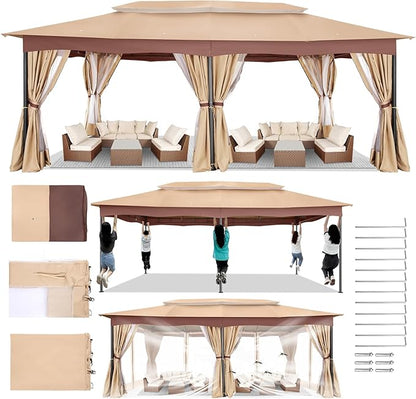 COBIZI Gazebo 12x20 Heavy Duty Gazebos with Curtain and Netting Outdoor Gazebo Canopy Double Roof Patio Gazebos with Metal Steel Frame for Patio, Deck, Backyard-Khaki