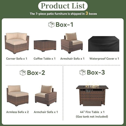 Aoxun 7 Piece Patio Furniture Set with Wide Armrests & 44” Fire Pit Table Wicker Rattan Outdoor Sectional Sofa Set with Coffee Table and Thick Cushion, Khaki (Waterproof Cover Included)