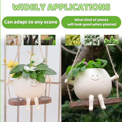 2 Pcs Swing Hanging Planters for Indoor Plants Swinging Plant Pot Face Hanging Flower Pots Resin Head Planter for Outdoor Succulents Gift Ideas for Mother