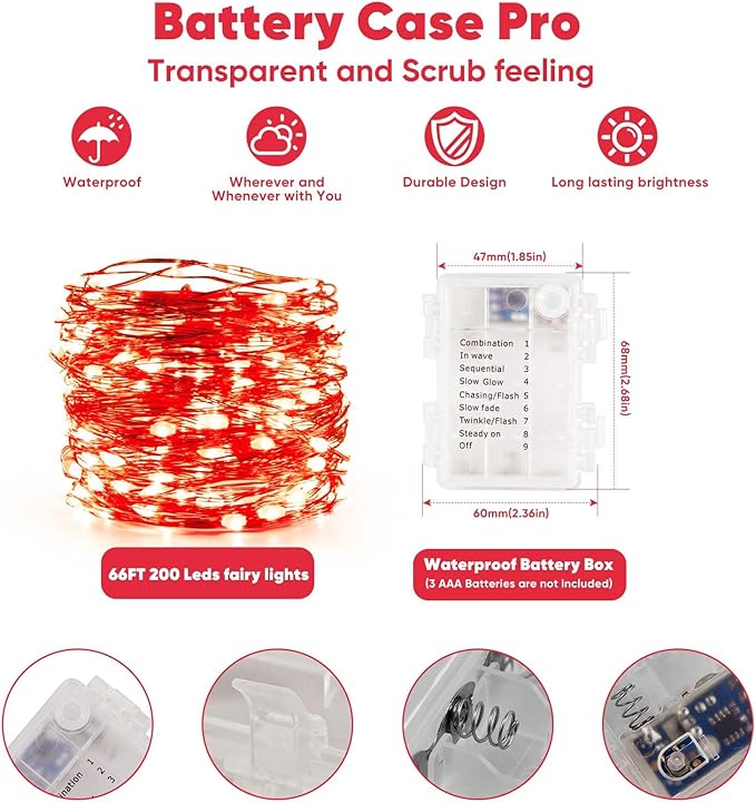 String Lights, Battery Operated, 4 Pack 65.6 Ft Red LED