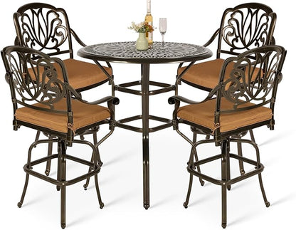 VIVIJASON 5-Piece Patio Swivel Bar Stools Set, All Weather Cast Aluminum Outdoor Bar Height Bistro Set with 4 Cushioned Bar Chairs & 35.4" High Bar Table w/Umbrella Hole for Backyard, Lawn, Garden