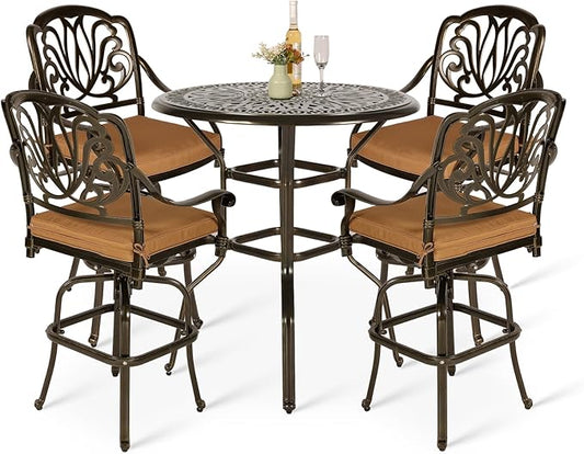 VIVIJASON 5-Piece Patio Swivel Bar Stools Set, All Weather Cast Aluminum Outdoor Bar Height Bistro Set with 4 Cushioned Bar Chairs & 35.4" High Bar Table w/Umbrella Hole for Backyard, Lawn, Garden