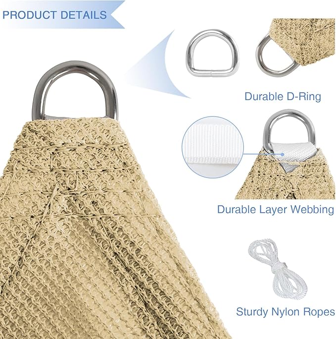 E&K Sunrise 16' x 16' x 16' Sun Shade Sail Triangle Canopy Shade Cover UV Block for Patio Backyard Garden Outdoor (Sand)