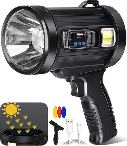 Spotlight 1000000 Lumens, 6 Modes Led Rechargeable Spotlight Flashlight As Seen on TV with Tripod, 3 Color Filters, Super Bright Solar Spot Lights Outdoor Handheld for Hunting, Boating, Large
