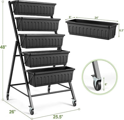 Suyncll Vertical Raised Garden Bed Planter Box, 5 Tiers Vertical Garden Planter with Drainage System and 4 Hooks for Plants Vegetables Flowers (Black with Wheels)
