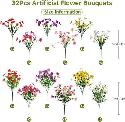 Alupssuc 32 Bundles Artificial Flowers for Outdoors Decoration, UV Resistant Silk Faux Daisy Flora Spring Fake Plastic Plants Greenery for Outside Indoor Yard Home Porch Window Box Decor, Mix 6 Colors