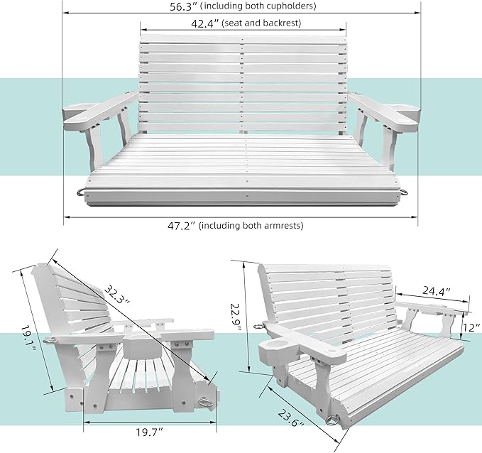 Wooden Porch Swing 2-Seater, Bench Swing with Cupholders, Hanging Chains and 7mm Springs, Heavy Duty 800 LBS, for Outdoor Patio Garden, Pure White, 4 FT Extra Large