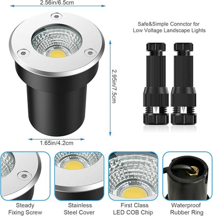 LED Landscape Lights, 12 Pack 7W Ground Lights With 24 Connectors, Low Voltage In-Ground Well Pathway Lighting, Warm White, Waterproof for Driveway, Deck, Step, Garden