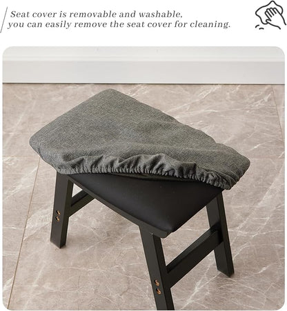 Foot Stool,Ottoman,Bamboo Small Sofa Foot Rest Under Desk,Extra Seating for Living Room, Bedroom and Kitchen (Black Stool Legs - Gray Surface)