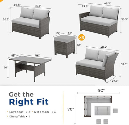 Wisteria Lane 7 Piece Patio Furniture Set, High Curved Back Wicker Patio Sectional, All Weather Outdoor Dining Set, Outdoor Furniture Patio Conversation Set with Ottoman, Grey