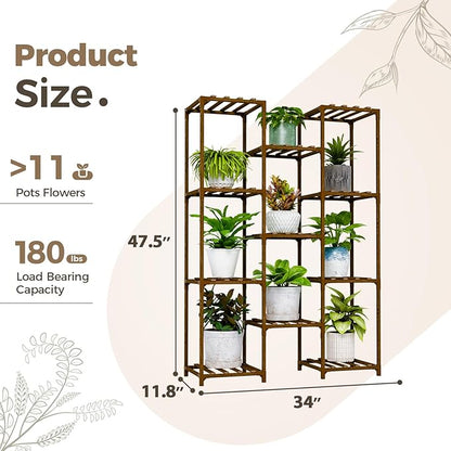 Bamworld Plant Stand Indoor Outdoor Tall Plants Shelf for Multiple Plants Pots Wood Flower Stand Large 11 Pots Plant Holder for Living Room, Patio, Balcony, Garden