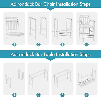Ciokea 3 Pcs Outdoor Bar Height Table Set, 60" Extra Long Rectangle High Top Table and 2 Oversized Adirondack Chairs Set, Heavy-Duty All-Weather HDPE Patio Bar Set for Backyard Balcony Deck, White