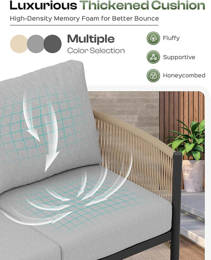 Aluminum Outdoor Patio Furniture Set with Dual-Layer Coffee Table, 4 Piece Modern Patio Conversation Sets with PE Rope, Outdoor Sectional Sofa with Thick Cushions for Balcony, Deck, Gray