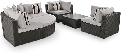 Merax 7-Piece Outdoor Wicker Sectional Sofa Set,Modular Rattan Conversation Set with Gray Cushions,Striped Green Pillows & Tempered Glass Coffee Table for Patio,Garden,Deck,Brown