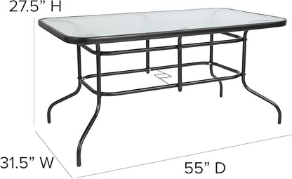 Flash Furniture Tory 31.5" x 55" Rectangular Tempered Glass Metal Patio Table with Umbrella Hole, Modern Rippled Glass Outdoor Dining Table, Black