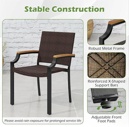 Tangkula 9 Piece Patio Dining Set, 79” Rectangular Outdoor Dining Table with Acacia Wood Top & Umbrella Hole, 8 Stackable Rattan Armchairs, for Backyard Garden Poolside