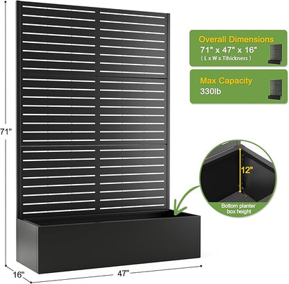 FENCY Metal Raised Garden Bed with Trellis, Metal Planter Box with Trellis, Garden Box for Climbing Plants Vegetable, 47" Lx16 Wx71 H Garden Bed with Drainage Holes(Black-Louvered)