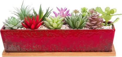 Succulent Pots - Large Succulent Planter Pots with Drainage, 12 Inch Long Rectangle Bonsai Pot with Bamboo Tray Shallow Ceramic Cactus Flower Planter Window Box for Home Garden Decor (Red)