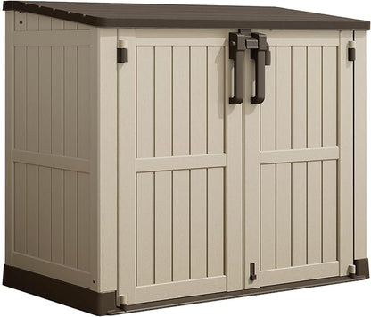 LHBcraft Waterproof Outdoor Storage Box 36 Cu Ft with Lockable Doors, Portable Horizontal Resin Storage Shed, Easy to Assemble, Outdoor Storage Cabinet for Backyards, Brown-Beige