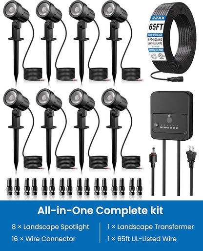ZZXX 8 Pack Low Voltage Landscape Lights with Transformer and 65FT Wire 12-24V LED Landscape Lighting Kit 2700K Waterproof Landscape Spotlights with Connectors for House Yard Tree Garden