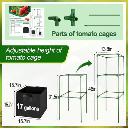 ANPHSIN Tomato Cages with 17 Gallon Grow Bags - 46'' Heavy-Duty Plant Support Cage Kit, Garden Pots with Square Plant Trellis for Flowers Vegetables Cucumber Vertical Climbing Vines, 2 Sets