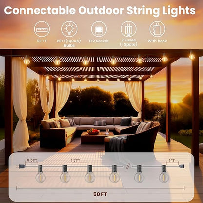 RTTY Dense-Glow Outdoor String Lights 50ft, G40 Led Patio Globe Lights with 26pcs Plastic Bulbs, Shatterproof Waterproof Connectable Hanging for Porch Cafe Bistro Backyard Gazebo Balcony Deck Party