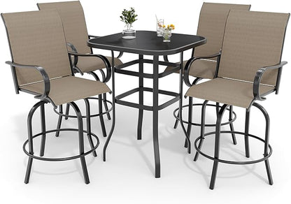 5 PCS Outdoor Bar Set with Outdoor Bistro Table and Chairs Set of 4, Bar Height Outdoor Dining Set, All Weather Mental Textilene High Swivel Bar Stools Chair Set of 4 and High Glass Bar Table