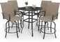 5 PCS Outdoor Bar Set with Outdoor Bistro Table and Chairs Set of 4, Bar Height Outdoor Dining Set, All Weather Mental Textilene High Swivel Bar Stools Chair Set of 4 and High Glass Bar Table