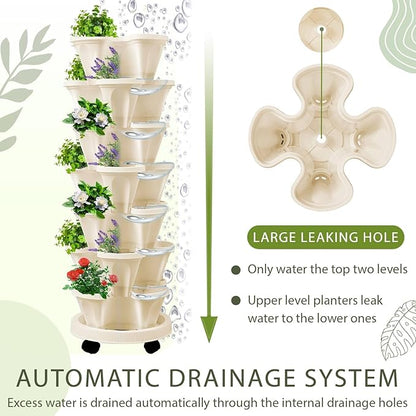 Umigy 2 Set of 7 Tier Vertical Planter Stackable Tower Planters Strawberry Herb Flower and Vegetable Pots Indoor Outdoor Gardening Pots with Removable Wheels and Tools(Beige)