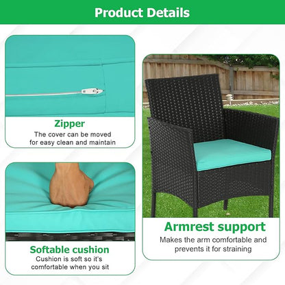 FDW 3 Piece Outdoor Furniture Set Patio Wicker Chairs Furniture Bistro Conversation Set 2 Rattan Chairs with Blue Cushions and Glass Coffee Table for Porch Lawn Garden Balcony Backyard